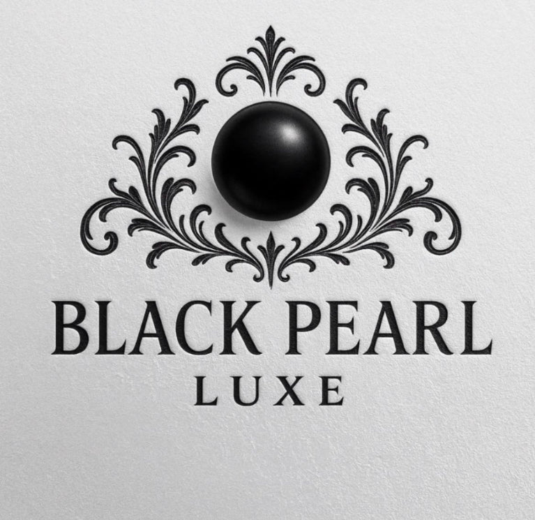Black Pearl Luxe logo with a black pearl and decorative elements on a light gray background